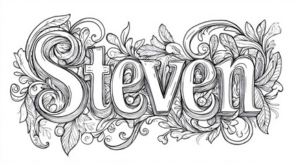 A decorative black and white typography of the name Steven with elegant floral and swirl embellishments in a hand-drawn artistic style
