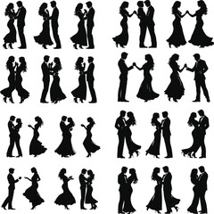 Set of romantic couple dancing have fun together silhouettes isolated on white background, Cute couple dancing | vector silhouette illustration on white background