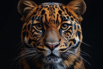 Fototapeta premium panther depicted in stunning detail with fierce eyes staring directly at the viewer against a dark background showcasing its sleek form and intense gaze embodying the essence of a powerful predator