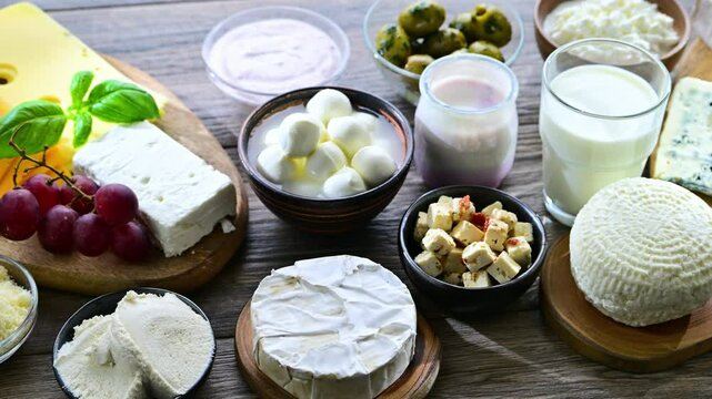 A variety of dairy products including cheese, milk and yogurt.