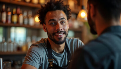 Smiling bartender engages in friendly conversation at local bar