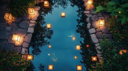 Illuminated lanterns adorn a tranquil garden pond at night