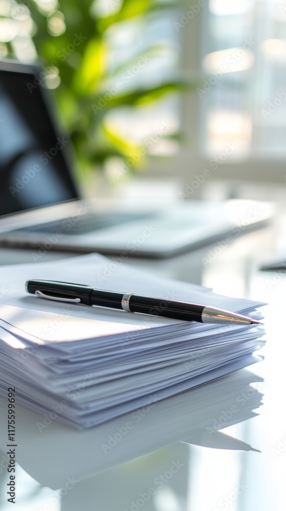 Poster Stack of papers with a pen resting on top, suggesting completed paperwork or pending tasks in a bright office environment with a laptop in the background