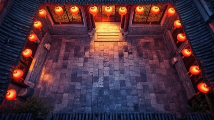Obraz premium Illuminated Courtyard in a Traditional Chinese Building at Night