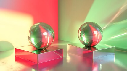 Smooth shiny spheres on square platforms with vibrant red and green tones