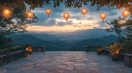 Serene Sunset View From Mountaintop Patio With Lanterns
