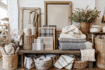 A rustic home decoration shop displaying wooden frames, woven baskets, and cozy blankets in warm tones