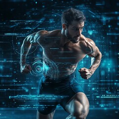 A fit man running with digital effects, showcasing athleticism and technology