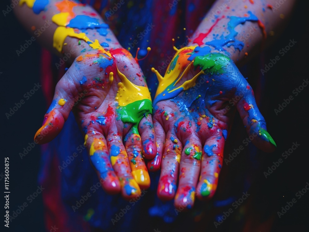 Poster hands covered in vibrant paint showcasing creativity and expression during an artistic activity in a