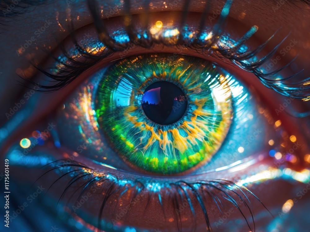 Poster vivid close-up of an eye illuminated by colorful light patterns at a creative art event in an urban 