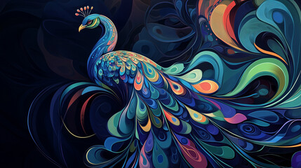 Fototapeta premium Peacock in vibrant colors, fluid shapes, and swirling patterns, blending organic and geometric forms