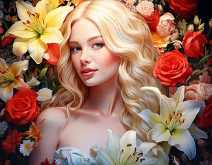 Portr&auml;t einer jungen Frau mit langen Blonden Haaren umgeben von Lilien und Rosen. Portr&auml;t mit Blick in die Kamera.
