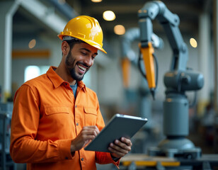 Worker in safety gear using tablet near industrial robot