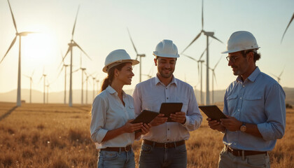 Professional team analyzes data at wind farm during sunset