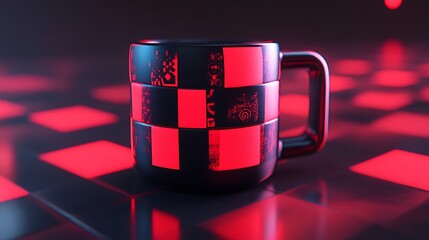 Stylized Black Mug With Red Abstract Designs