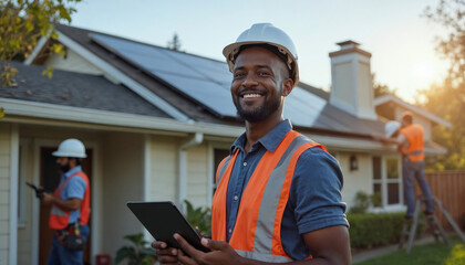 Fototapeta premium Skilled workers installing solar panels on a residential roof