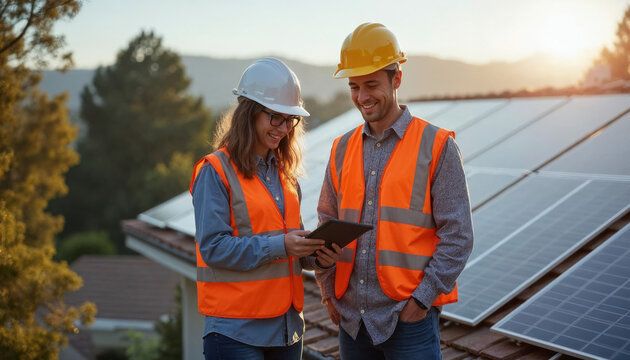 Workers reviewing solar panel installation in the evening sunlight