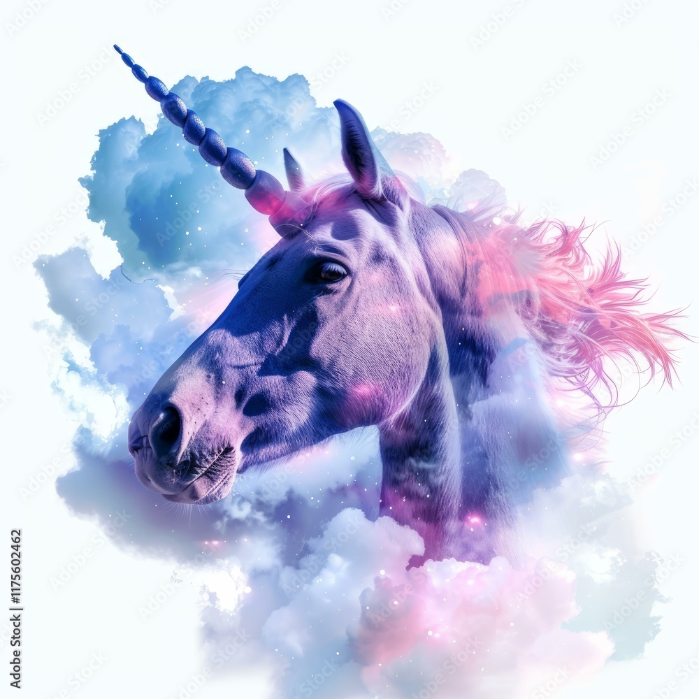 Poster unicorn gracefully emerging from a colorful cloudscape, adorned with sparkling stars, creating a mag