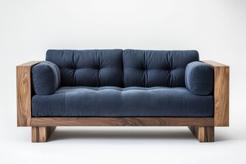 Studio shot Dark blue velvet sofa, walnut frame, minimalist background, home decor