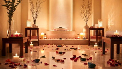Soft candlelight fills the tranquil spa room, surrounded by rose petals and natural decor, creating a peaceful atmosphere for relaxation and rejuvenation. Wellness, massage, therapy, services concepts