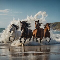 A group of horses running free on a beach with crashing waves in the background.