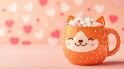 Cute Shiba Inu dog mug of coffee with marshmallows. Banner with place for text. Cosy season sweet drink cup. Friendship or love concept greeting card.