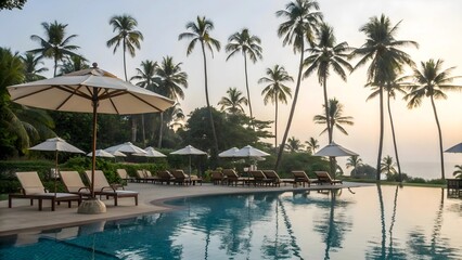 Fototapeta premium luxurious umbrella and chair arrangement around sparkling outdoor swimming pool of resort, with majestic coconut palm trees standing early morning