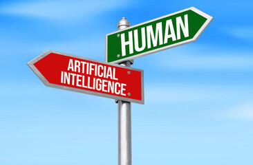 Artificial Intelligence Vs Human written on a signboard with green and red color, blue sky in the backdrop. Human vs AI concept design background