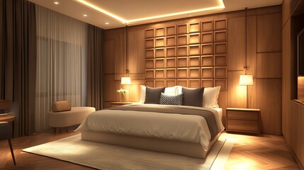 Soft sheen 3D wooden tiles forming a timber wall with square block design