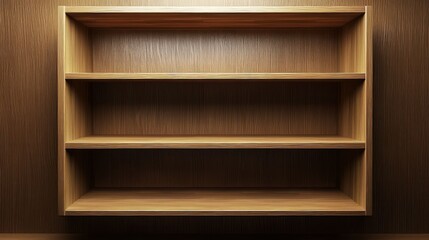 Empty Wooden Bookshelf on a Wall