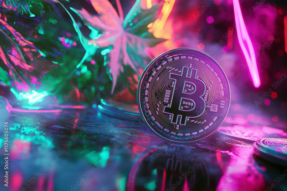 Poster futuristic glowing bitcoin coin in a digital holographic environment with neon lights and abstract p