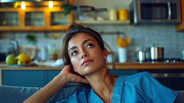 A weary nurse relaxing on a sofa in a contemporary kitchen