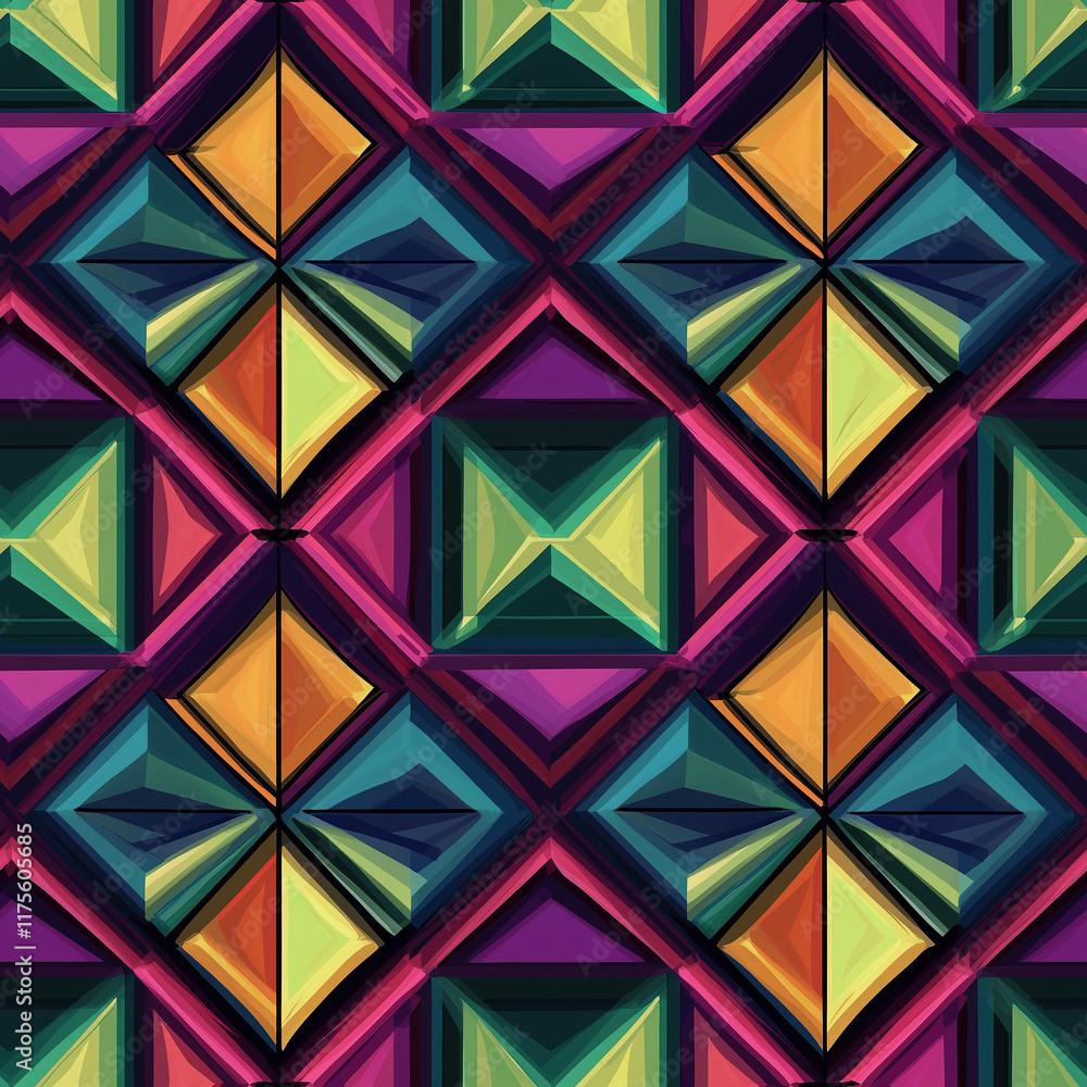 Poster vibrant geometric pattern with colorful diamond shapes on a dark background, creating a striking vis