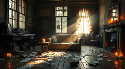 Untidy Haven: A Glimpse into the Interior of a Disorderly, Unclean House with Overflowing Clutter, Dusty Surfaces, Unmade Furniture, and an Overwhelming Sense of Neglect in Every Corner