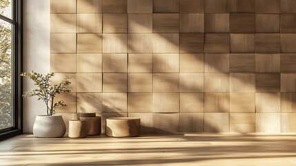 Wooden tile wall with square blocks and a subtle soft sheen finish 3D render