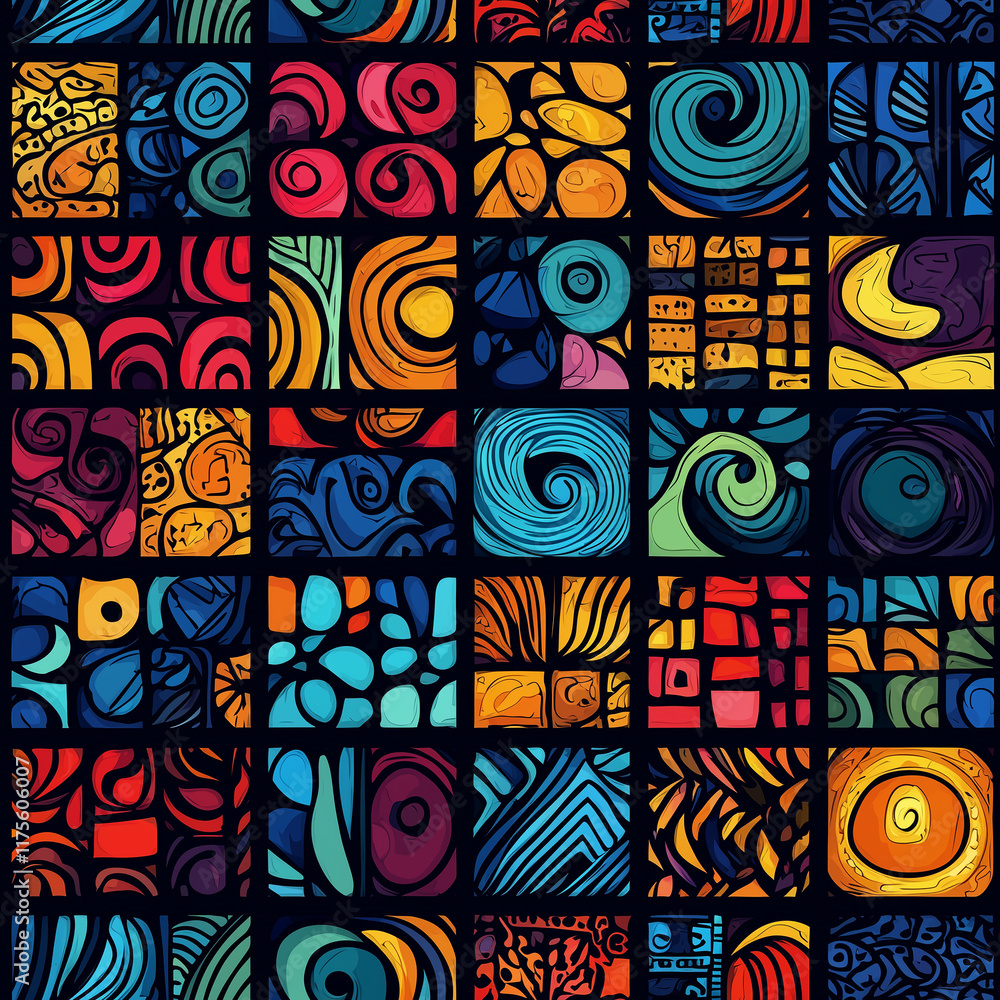 Poster Vibrant abstract patterns in a colorful grid, featuring swirls and geometric shapes, perfect for artistic projects or decor.