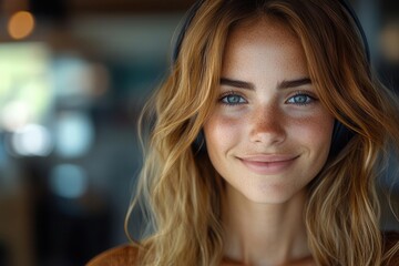 Obraz premium portrait of a cheerful young woman working as a call center operator radiating positivity while wearing headphones and holding a microphone reflecting professionalism and a friendly demeanor