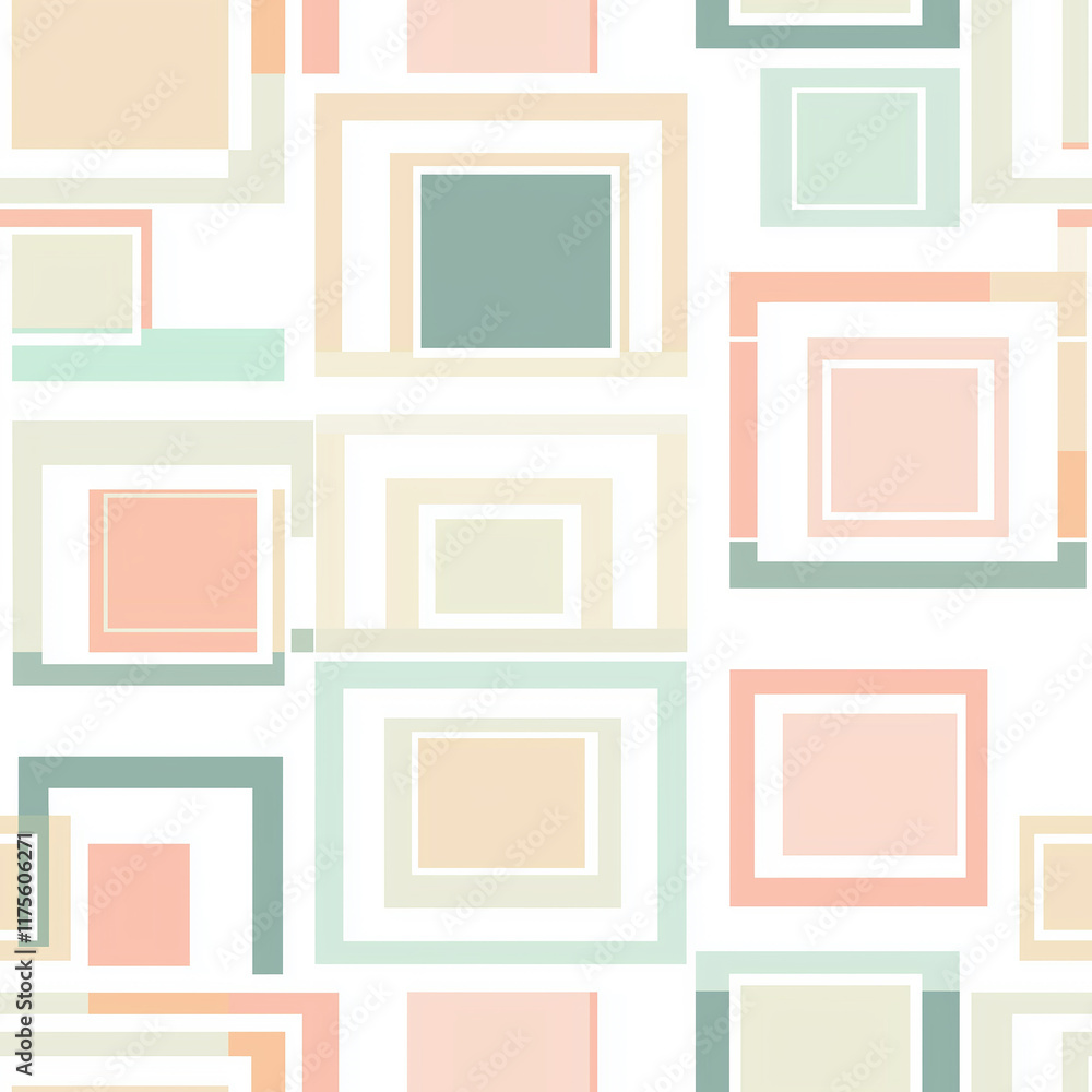 Poster geometric pattern featuring layered squares in soft pastel colors on a light background, creating a 