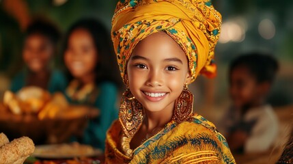 Fototapeta premium Joyful family celebrations with traditional symbolic decor and vibrant attire. Black History Month