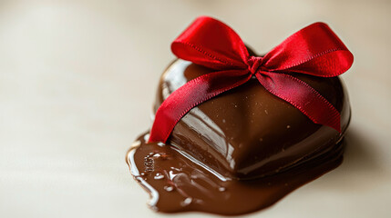 Shiny chocolate heart with red ribbon, melting on surface
