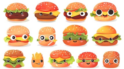 Smiling Burger Cartoon Characters in Vibrant Colors for Food Packaging and Menu Designs