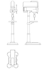 Drill Press Line Art Vector Illustration on White Background. High-Precision Design for Metalworking, Carpentry, and Industrial Applications