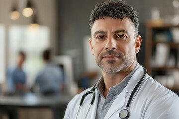 Fototapeta premium Caucasian male doctor in office setting with stethoscope.