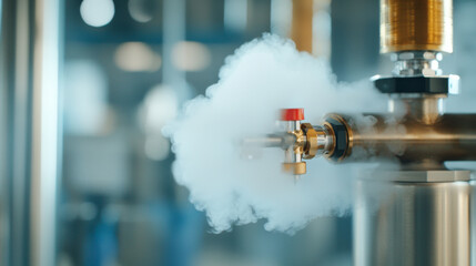 Steam is escaping from valve on metal pipe in laboratory setting