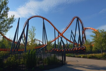 Obraz premium Exciting roller coasters with vibrant tracks and cheerful riders under a bright sky. Amusement Park. AI generated image