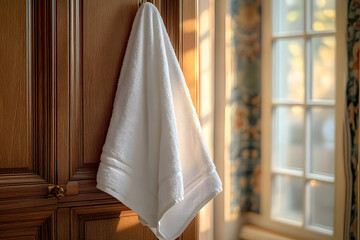 In soft morning light of a sunny day, a close-up view captures pristine white towel hanging in a richly polished wooden wardrobe at a luxurious hotel, evoking a sense of relaxation and wanderlust, in