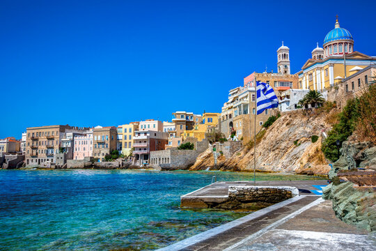 Vaporia neoclassical district and St. Nicolas cathedral of Ermoupolis town in the Greek island of Syros, Cyclades