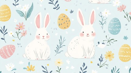 Adorable Easter bunnies in cartoon style. Happy couples with festive eggs, chicks, and blooms. Perfect for Easter cards, stickers, banners, or packaging. Kawaii hares bring festive cheer. 