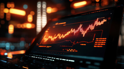 Futuristic digital screen displaying financial data with glowing graphs