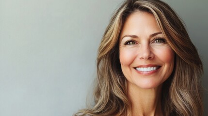 Naklejka premium A vibrant portrait of a middle-aged American woman smiling confidently, her radiant complexion and natural beauty featured against a minimalist background.